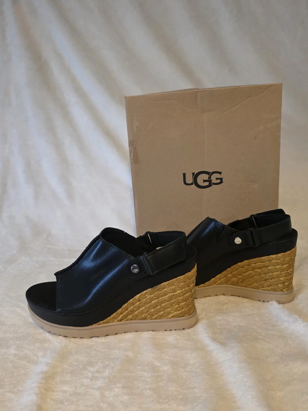 UGG Black Leather Wedge Sandals with Braided Espadrille Heel